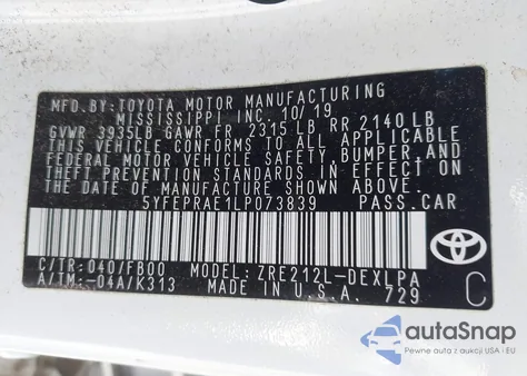 2020 Toyota Corolla Le from USA, damaged, VIN 5YFEPRAE1LP073839